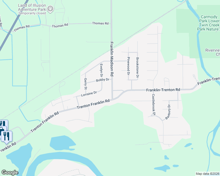 map of restaurants, bars, coffee shops, grocery stores, and more near 6611 Franklin Madison Road in Middletown