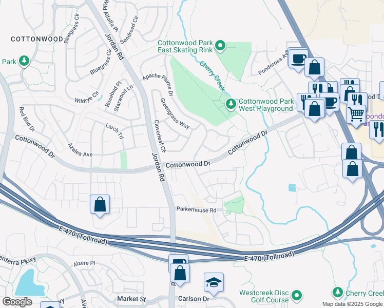 map of restaurants, bars, coffee shops, grocery stores, and more near 8941 Apache Plume Drive in Parker
