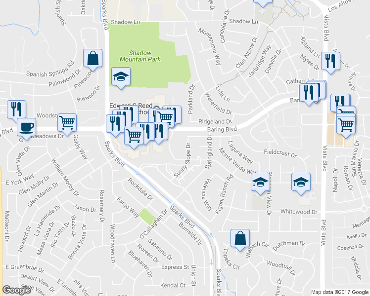 map of restaurants, bars, coffee shops, grocery stores, and more near 2843 Sunny Slope Drive in Sparks