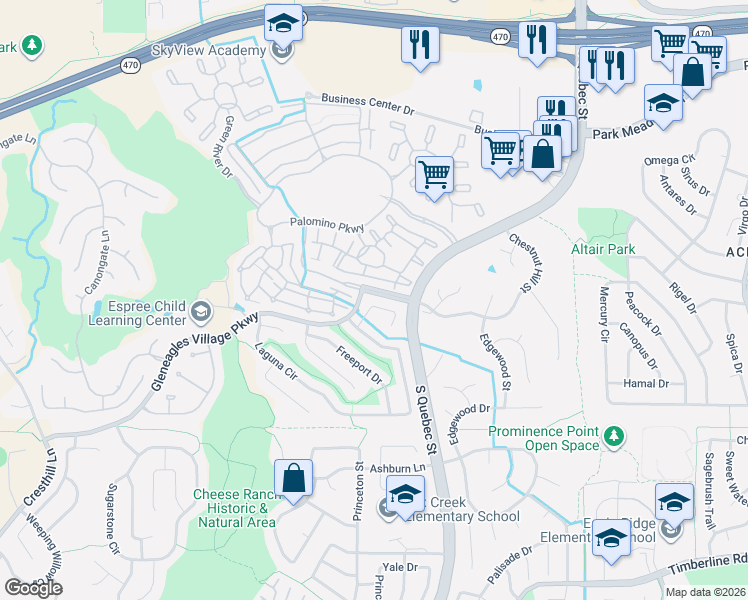 map of restaurants, bars, coffee shops, grocery stores, and more near 8959 Maribou Court in Littleton