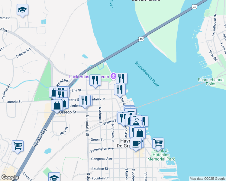 map of restaurants, bars, coffee shops, grocery stores, and more near 731 North Stokes Street in Havre de Grace