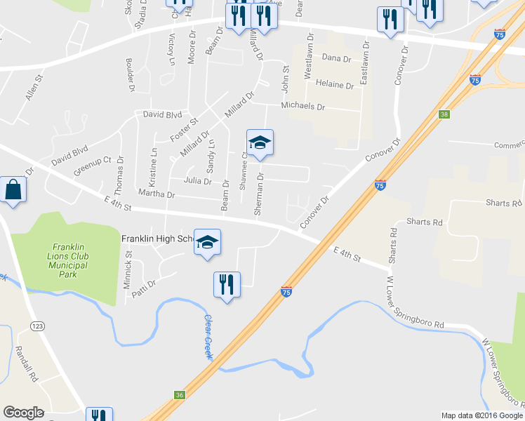 map of restaurants, bars, coffee shops, grocery stores, and more near 572 Sherman Dr in Franklin