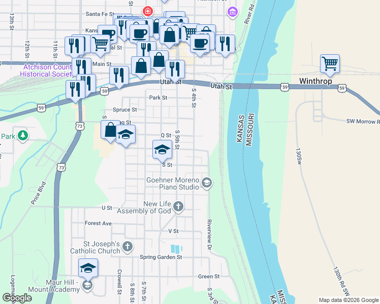 map of restaurants, bars, coffee shops, grocery stores, and more near 701 South 4th Street in Atchison