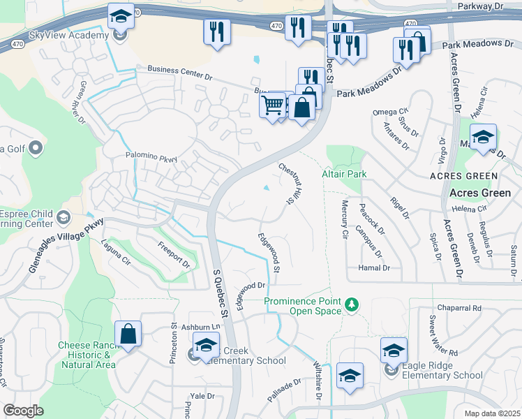 map of restaurants, bars, coffee shops, grocery stores, and more near 8873 Edgewood Street in Littleton