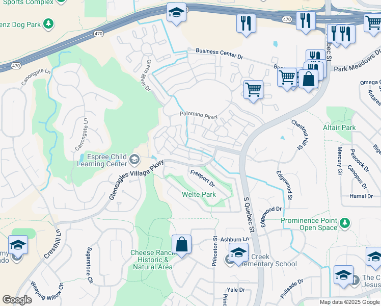 map of restaurants, bars, coffee shops, grocery stores, and more near 6466 Silver Mesa Drive in Littleton