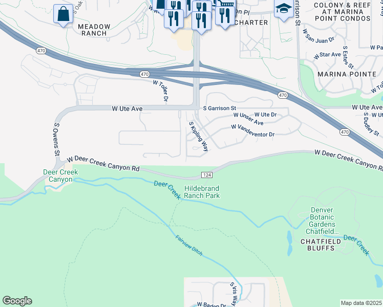 map of restaurants, bars, coffee shops, grocery stores, and more near 10061 West Victoria Place in Littleton
