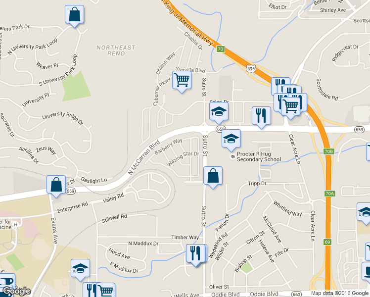 map of restaurants, bars, coffee shops, grocery stores, and more near 2715 Dahlia Way in Reno
