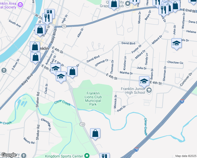 map of restaurants, bars, coffee shops, grocery stores, and more near 421 Mission Lane in Franklin