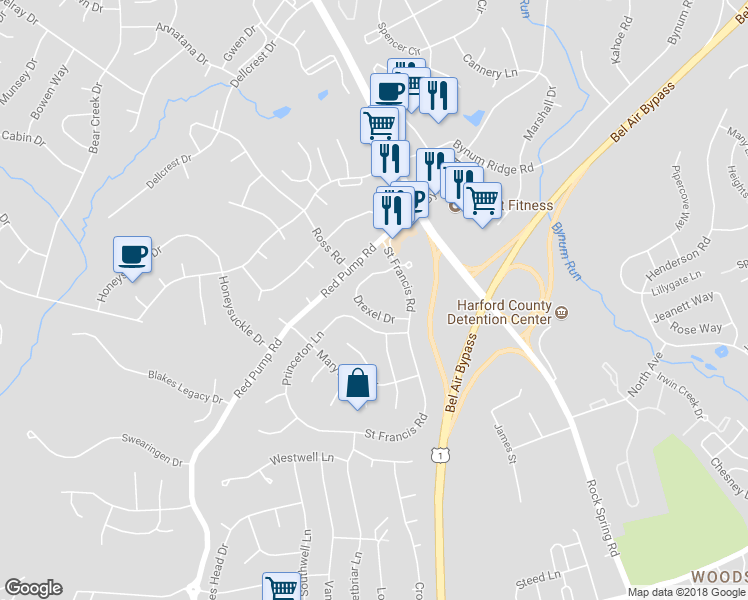 map of restaurants, bars, coffee shops, grocery stores, and more near 204 Drexel Drive in Bel Air