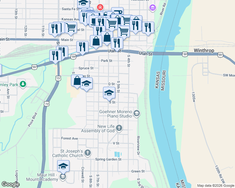 map of restaurants, bars, coffee shops, grocery stores, and more near 717 South 5th Street in Atchison