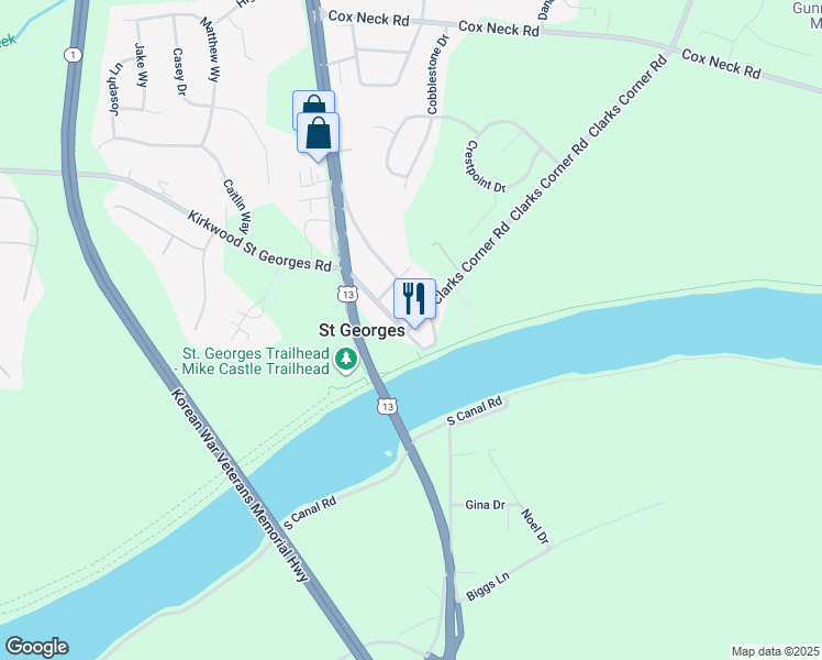 map of restaurants, bars, coffee shops, grocery stores, and more near 108 Main Street in Saint Georges