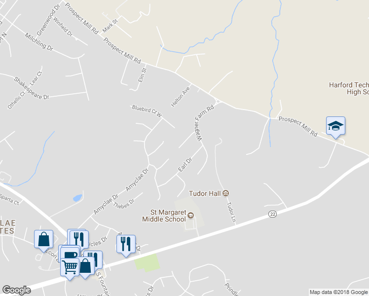 map of restaurants, bars, coffee shops, grocery stores, and more near 1805 Charolais Court in Bel Air