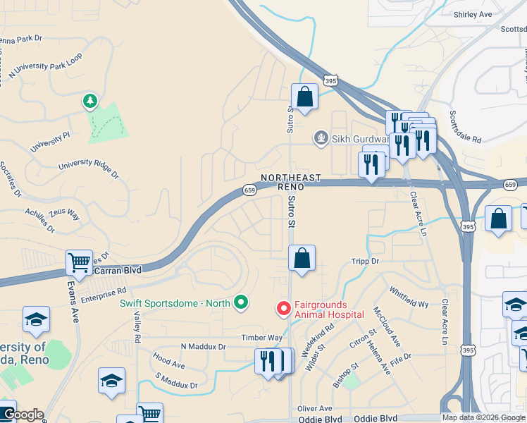 map of restaurants, bars, coffee shops, grocery stores, and more near 2715 Dahlia Way in Reno