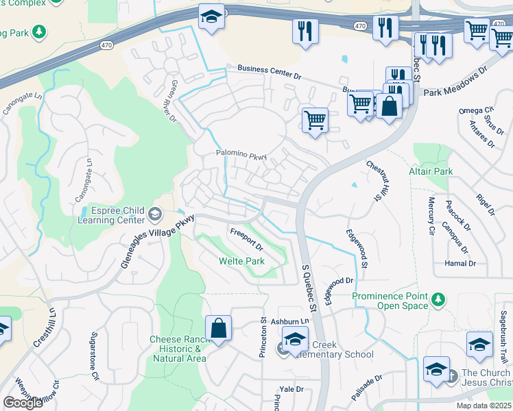 map of restaurants, bars, coffee shops, grocery stores, and more near 6480 Silver Mesa Drive in Littleton