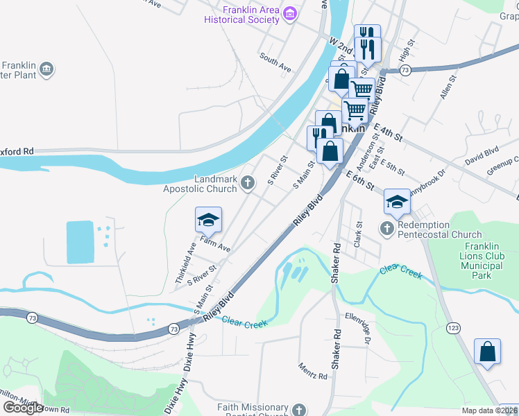 map of restaurants, bars, coffee shops, grocery stores, and more near 817 South Main Street in Franklin