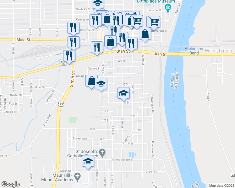 map of restaurants, bars, coffee shops, grocery stores, and more near 608 R Street in Atchison