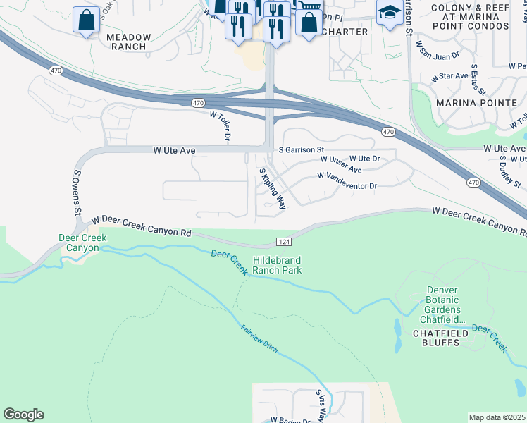 map of restaurants, bars, coffee shops, grocery stores, and more near 10061 West Victoria Place in Littleton