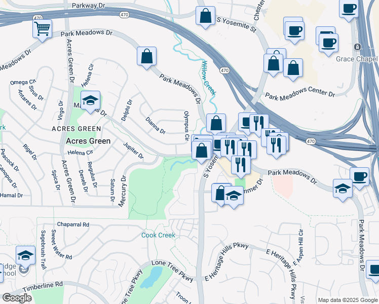 map of restaurants, bars, coffee shops, grocery stores, and more near 37 Maximus Drive in Lone Tree