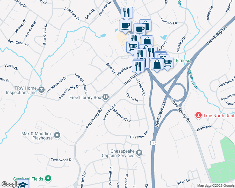 map of restaurants, bars, coffee shops, grocery stores, and more near 211 Red Pump Road in Bel Air