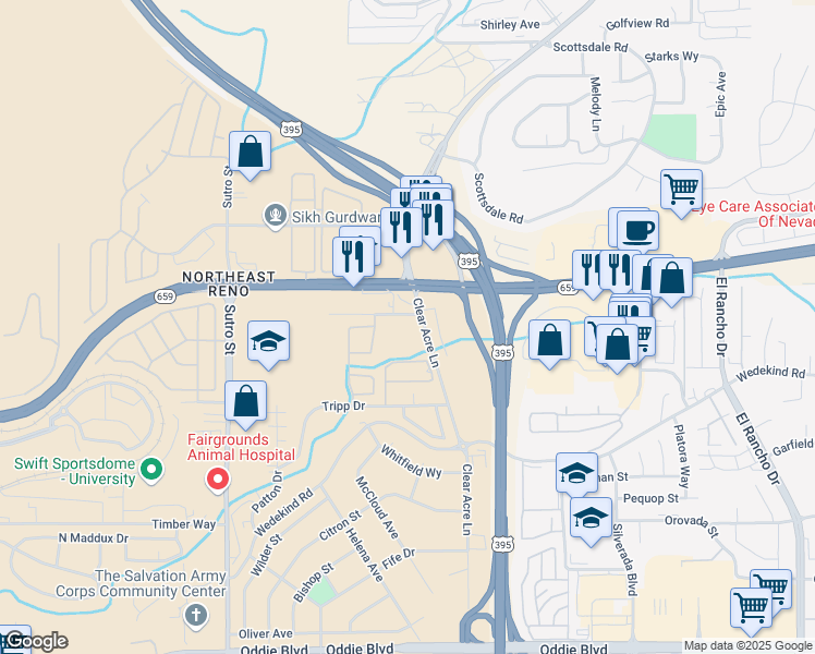 map of restaurants, bars, coffee shops, grocery stores, and more near 2555 Clear Acre Lane in Reno