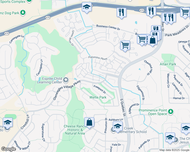 map of restaurants, bars, coffee shops, grocery stores, and more near 6466 Silver Mesa Drive in Littleton
