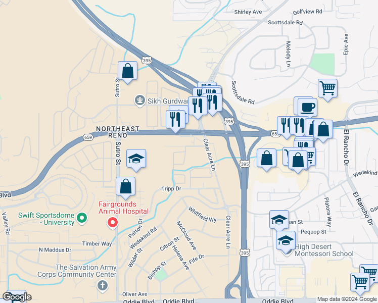map of restaurants, bars, coffee shops, grocery stores, and more near 1524 Steelwood Lane in Reno
