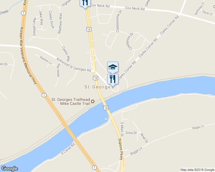 map of restaurants, bars, coffee shops, grocery stores, and more near 108 North Main Street in Saint Georges