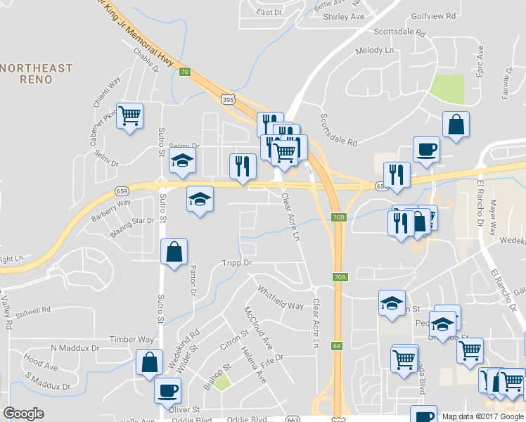 map of restaurants, bars, coffee shops, grocery stores, and more near 1524 Steelwood Lane in Reno