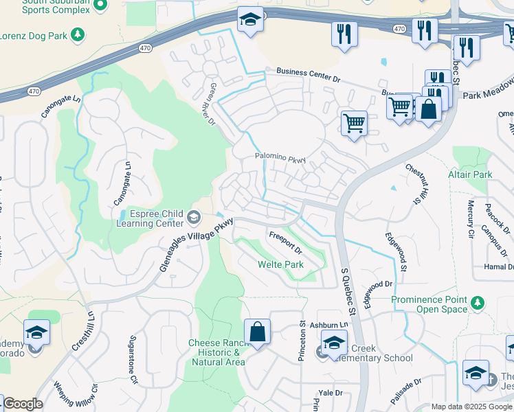 map of restaurants, bars, coffee shops, grocery stores, and more near 6454 Silver Mesa Drive in Littleton