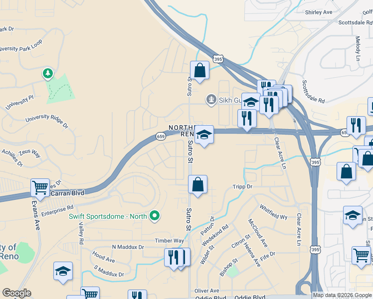 map of restaurants, bars, coffee shops, grocery stores, and more near 2710 Zinnia Drive in Reno