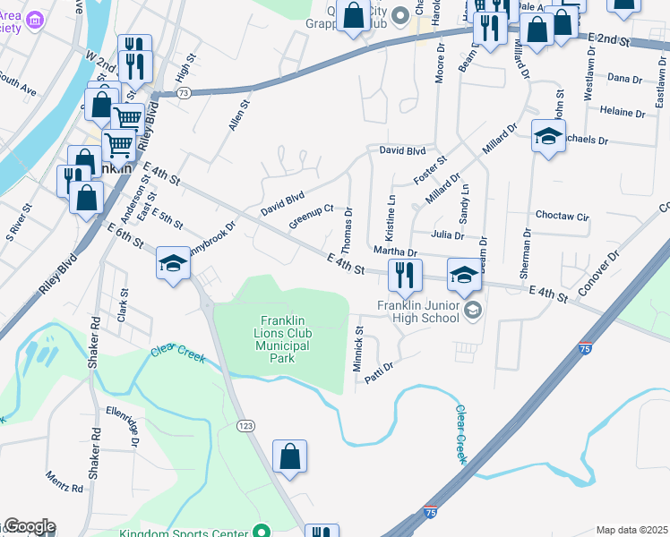 map of restaurants, bars, coffee shops, grocery stores, and more near 574 East 4th Street in Franklin