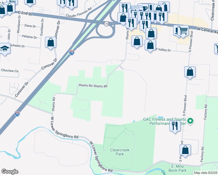 map of restaurants, bars, coffee shops, grocery stores, and more near 7806 Sharts Road in Springboro
