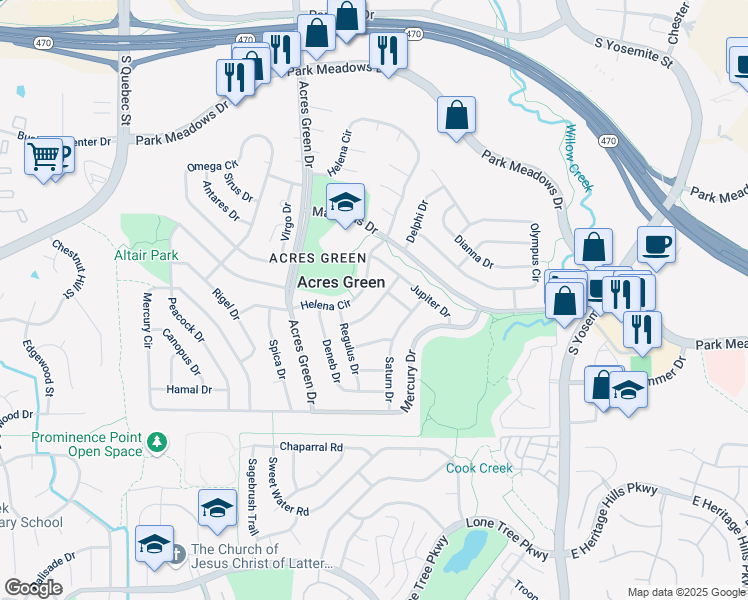 map of restaurants, bars, coffee shops, grocery stores, and more near 13276 Callisto Drive in Lone Tree