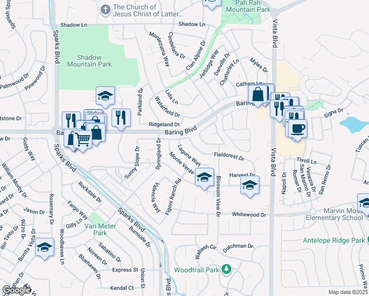 map of restaurants, bars, coffee shops, grocery stores, and more near 2835 Laguna Way in Sparks