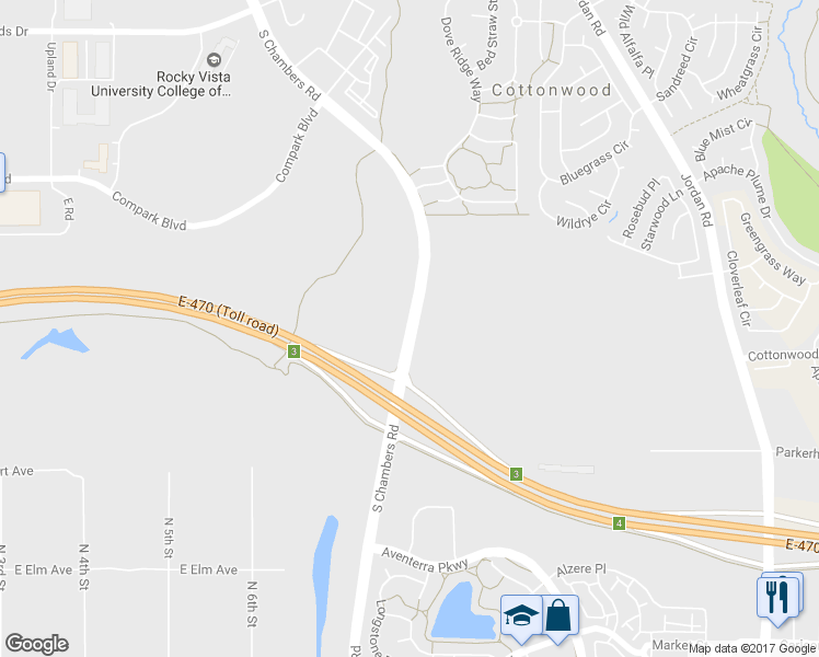 map of restaurants, bars, coffee shops, grocery stores, and more near South Chambers Road in Parker