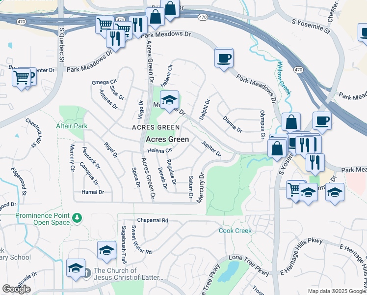 map of restaurants, bars, coffee shops, grocery stores, and more near 13276 Callisto Drive in Lone Tree