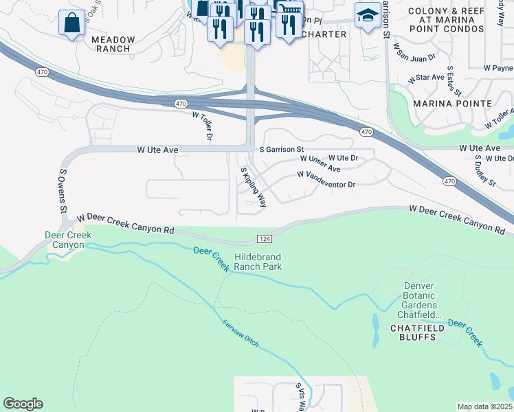 map of restaurants, bars, coffee shops, grocery stores, and more near 10061 West Vandeventor Drive in Littleton