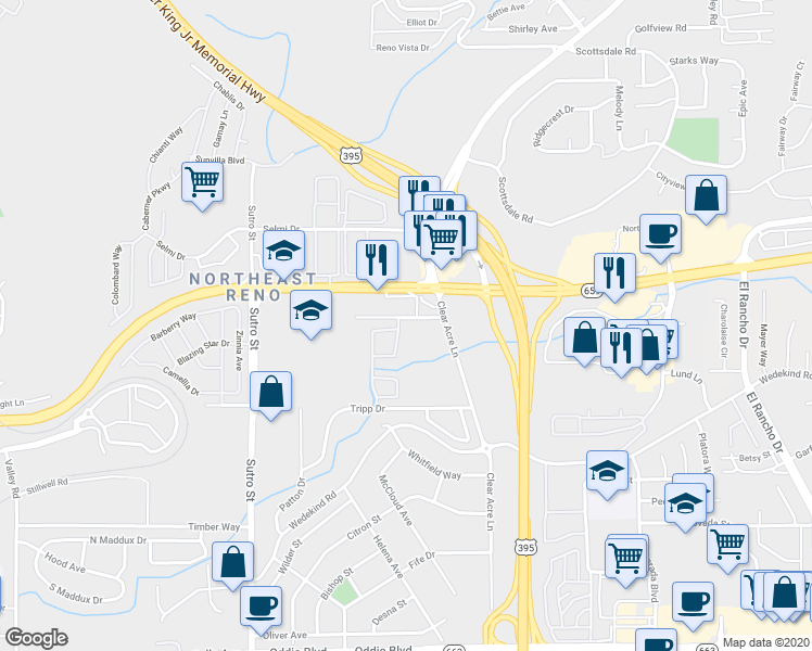 map of restaurants, bars, coffee shops, grocery stores, and more near 1524 Steelwood Lane in Reno
