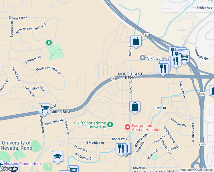 map of restaurants, bars, coffee shops, grocery stores, and more near 2770 Snapdragon Way in Reno