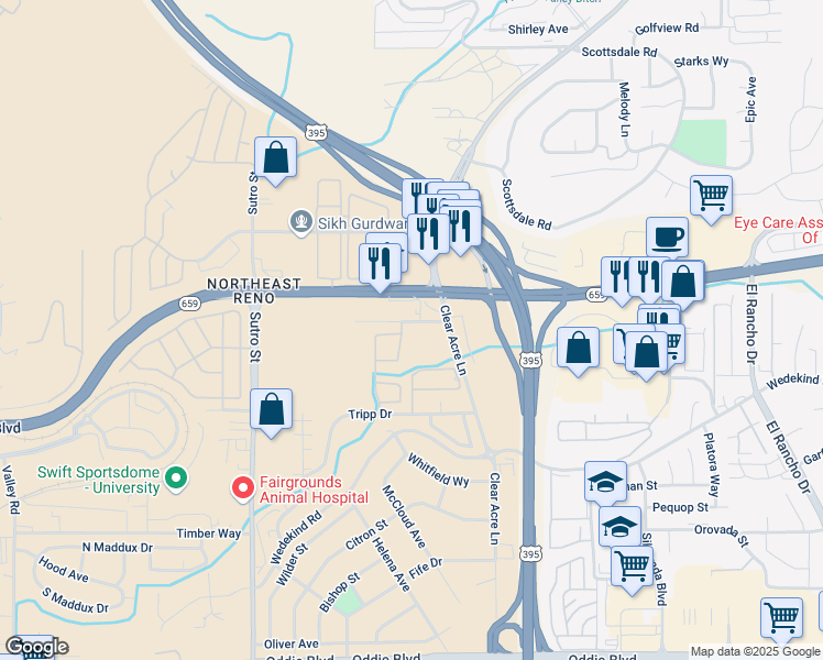map of restaurants, bars, coffee shops, grocery stores, and more near 1524 Steelwood Lane in Reno