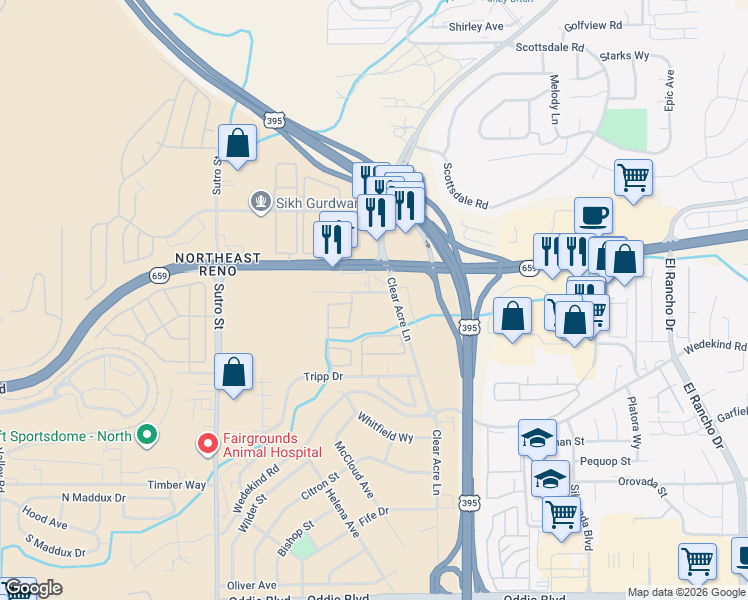 map of restaurants, bars, coffee shops, grocery stores, and more near 2555 Clear Acre Lane in Reno