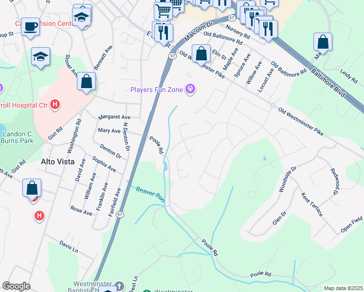 map of restaurants, bars, coffee shops, grocery stores, and more near 405 Charter Court in Westminster