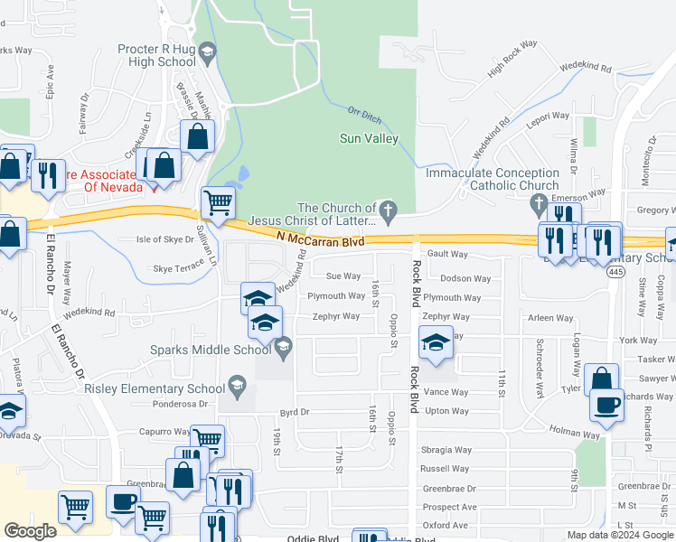 map of restaurants, bars, coffee shops, grocery stores, and more near 1706 Sue Way in Sparks