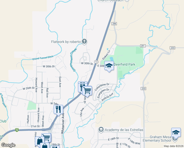 map of restaurants, bars, coffee shops, grocery stores, and more near 2803 Railroad Ave in Rifle