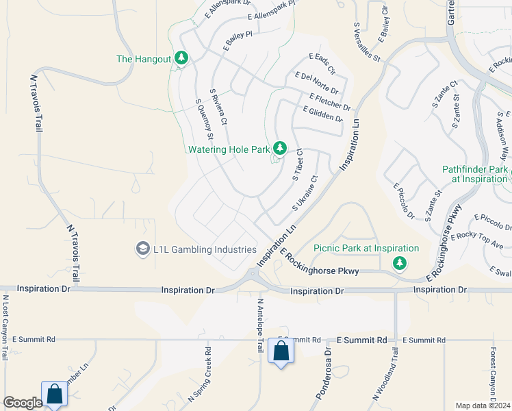 map of restaurants, bars, coffee shops, grocery stores, and more near 22246 East Narrowleaf Drive in Aurora