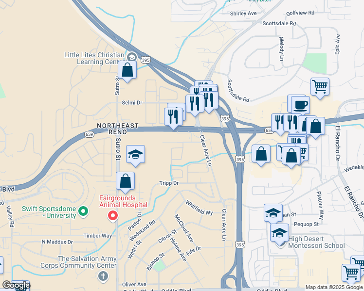 map of restaurants, bars, coffee shops, grocery stores, and more near 1524 Steelwood Lane in Reno