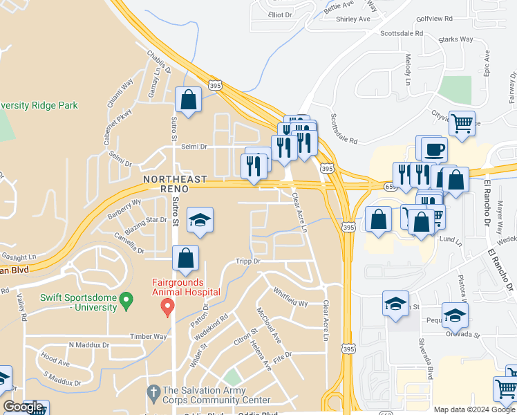 map of restaurants, bars, coffee shops, grocery stores, and more near 1500 Steelwood Lane in Reno