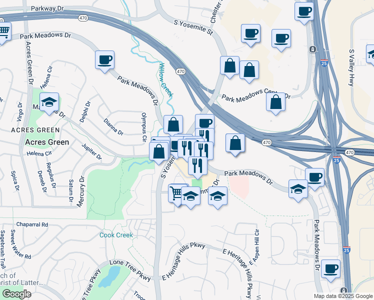 map of restaurants, bars, coffee shops, grocery stores, and more near Park Meadows Drive in Lone Tree