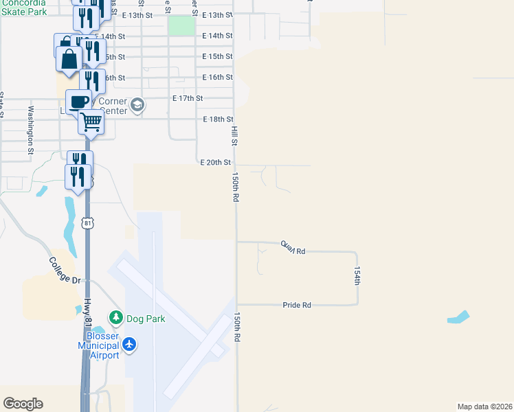 map of restaurants, bars, coffee shops, grocery stores, and more near 1712 150th Road in Concordia
