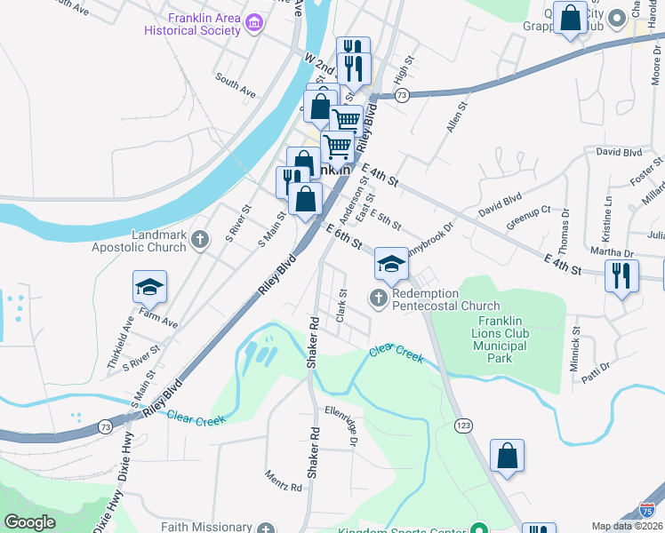 map of restaurants, bars, coffee shops, grocery stores, and more near 145 East 7th Street in Franklin